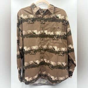 Cabela's Outfitter Series Deer Print Button Down Shirt Men's Large Hunting Brown